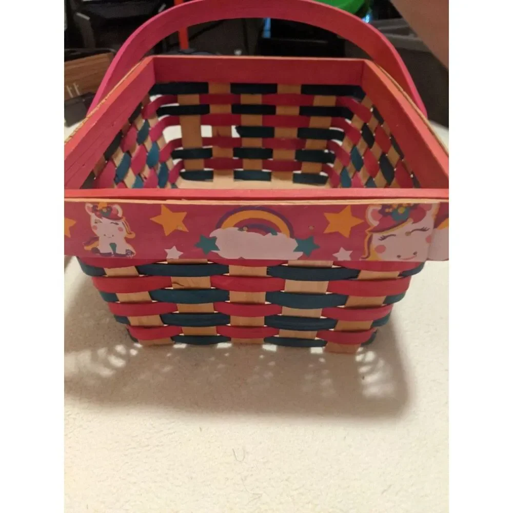 Woven Wood Unicorn & Rainbow Basket Pink Blue Kids Room Storage Decor